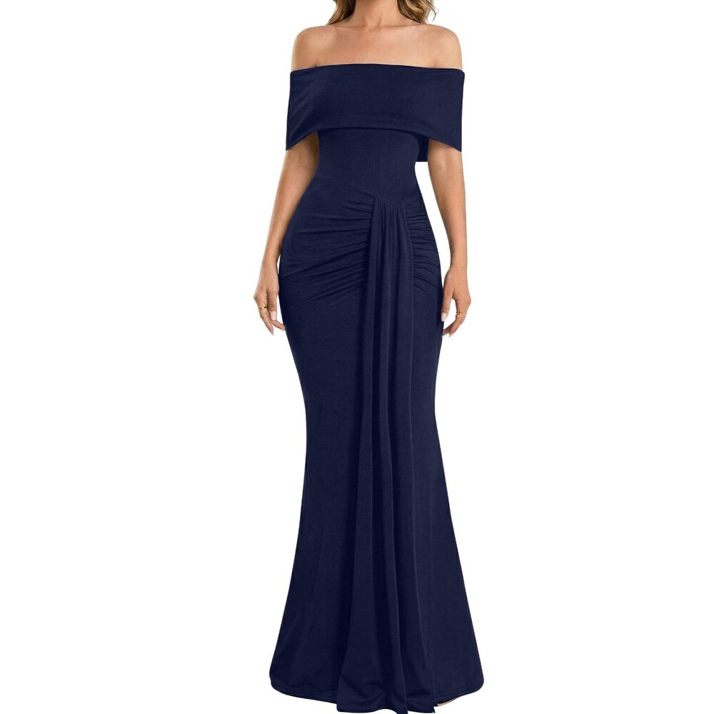 YMDUCH Navy Blue Sleeveless Off Shoulder Bodycon Long Formal Dress Size M